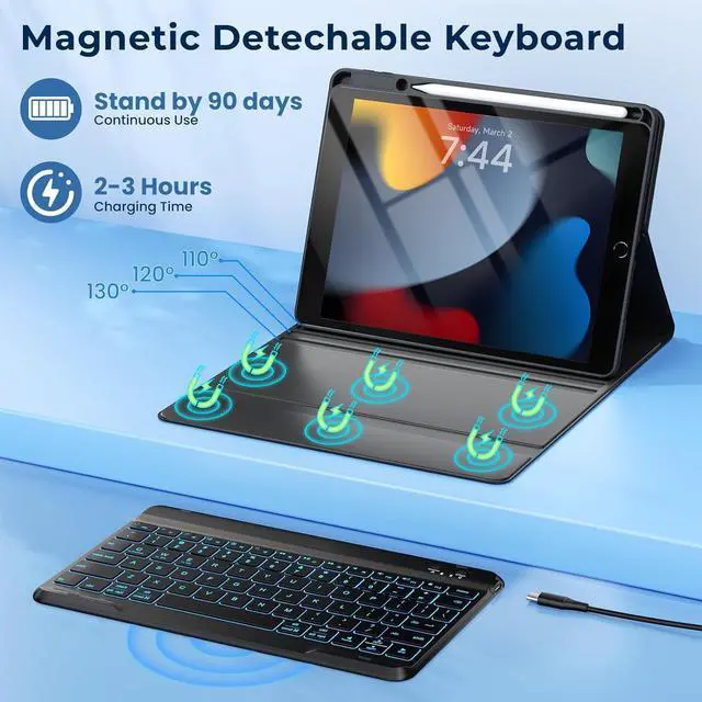 Alt view image 6 of 7 - iPad 9th/8th/7th Generation Keyboard Case 10.2 inch 2021/2020/2019, iPad Pro 10.5-inch Case with Keyboard,iPad Air 3 2019, 7 Color Backlit Removable Bluetooth Wireless Folio Case(Black)