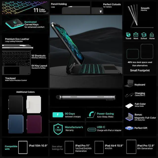 Alt view image 3 of 7 - Edge Keyboard for iPad 10th Generation (10.9", 2022) - 11 Colors Backlit, Thin, Multi-Touch Trackpad, BT, Magnetic Clasp Keyboard Case for iPad 10th Gen 10.9 - Space Black
