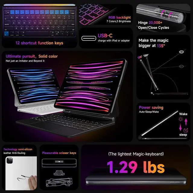 Alt view image 3 of 7 - Keyboard Case for iPad Air 11 inch 2024 (M2)&iPad Pro 11 Inch (4th/3rd/2nd/1st) Gen 2022,iPad Air 5th&4th Generation Case with Keyboard,Magic-Stand, Multi-Touch Trackpad,7 Colors Backlight,Black