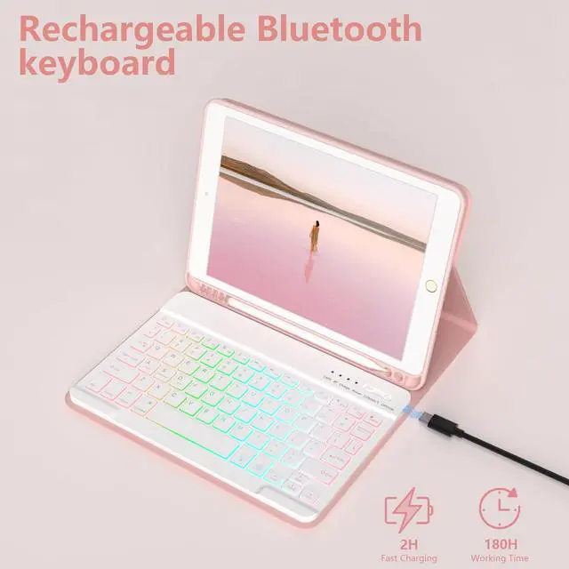 Alt view image 5 of 7 - For iPad 9th Generation Keyboard Case 10.2"2021/(8th Gen) 2020/(7th Gen)2019,7 Colors Backlit Keyboard Case for iPad 10.2" /iPad Air 3 10.5"(3rd Gen)/iPad Pro 10.5" with Pencil Holder(Champagne)