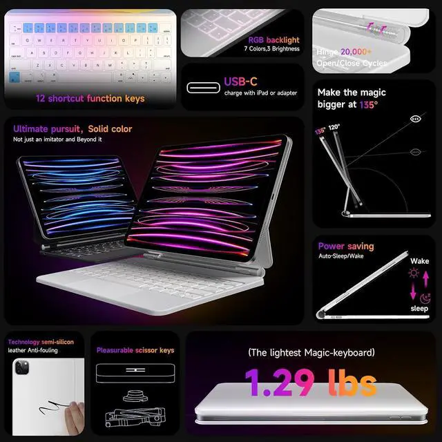 Alt view image 3 of 7 - Keyboard Case for iPad Air 11 inch 2024 (M2)&iPad Air 5th Generation Case with Keyboard(Air 4th),iPad Pro 11 Inch (4th/3rd/2nd/1st) Gen 2022,Magic-Stand,AG glass Trackpad,7 Colors Backlight,White