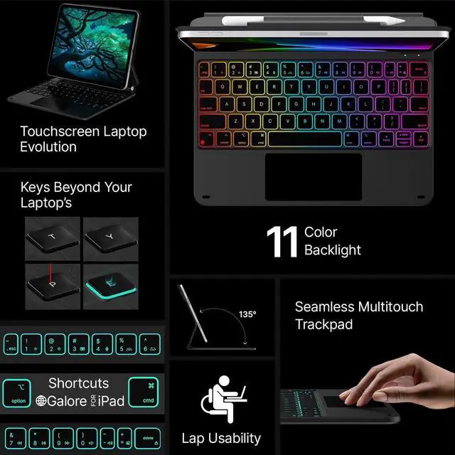 Alt view image 3 of 7 - Edge Keyboard Case for iPad Air 11-inch (M3 2025 / M2 2024)& iPad Pro 11 inch (4th/3rd/2nd/1st Gen),Magic Keyboard for Air 5th/4th Gen,Multi-Touch Trackpad, 11 Colors Backlight,Black