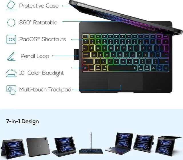 Alt view image 3 of 7 - Touch Keyboard Case for 2024 iPad Air 11-inch (M2) & iPad Pro 11(4th/3rd/2nd/1st Gen):Multi-Touch Trackpad & 11 Colors Backlight & 360°Rotatable,Thin & Light for iPad Air 5th & 4th Gen,Black