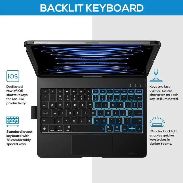 Alt view image 4 of 7 - Touch Keyboard Case for 2024 iPad Air 11-inch (M2) & iPad Pro 11(4th/3rd/2nd/1st Gen):Multi-Touch Trackpad & 11 Colors Backlight & 360°Rotatable,Thin & Light for iPad Air 5th & 4th Gen,Black