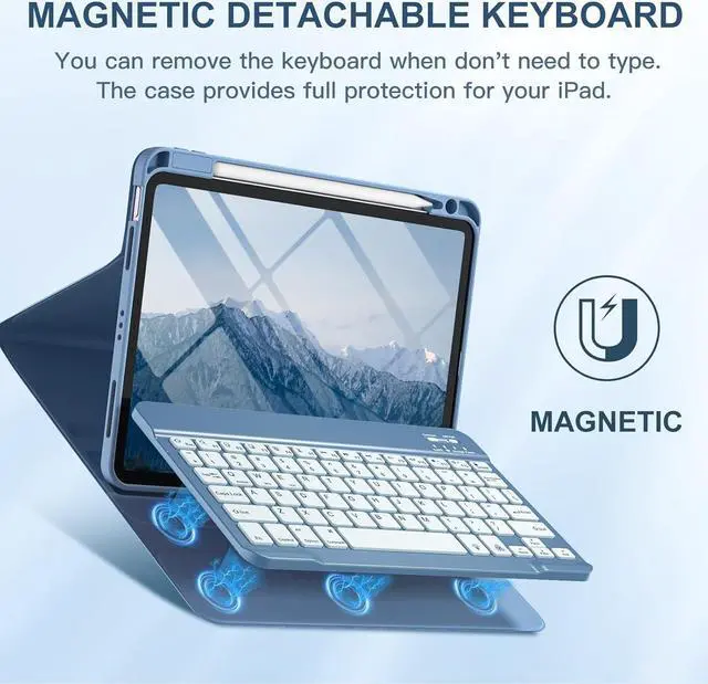 Alt view image 4 of 7 - For iPad Air 11-inch M2/ 10.9 Inch Air 5th 4th Generation Case with Keyboard - Backlit Wireless Detachable, Folio Cover with Pencil Holder for iPad Air 11 2024/ Air 5/ Air 4 (Blue)