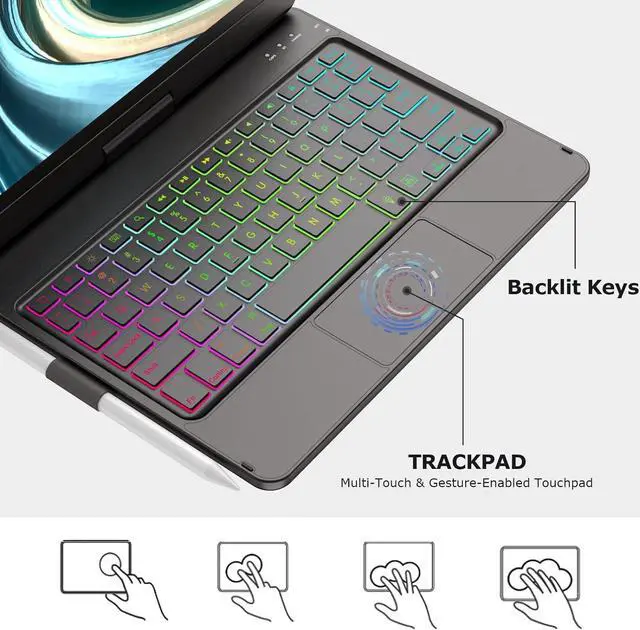 Alt view image 4 of 7 - Touchpad Keyboard Case for iPad 9th Generation 10.2", iPad 9th/8th/7th Gen Case with Keyboard, Multi-Touch &Backlit Keys, 360° Rotatable &Pencil Holder, iPad 9th/8th/7th Gen Keyboard (Black)
