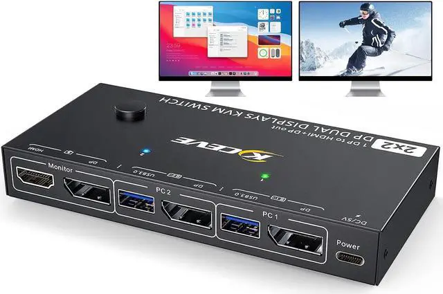 Main image of MST Displayport KVM Switch 2 Monitors 2 Computers 4K@144Hz,(1 DP in,DP+HDMI Out),Camgeet Dual Monitor KVM Switch Displayport 1.4 with 4 USB 3.0 Port for USB Device,Wired Remote and 4 Cables Included
