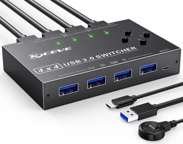 Main image of USB 3.0 Switch 4 Computers,Camgeet 4 Port USB Switch Selector Sharing 4 USB Devices,Keyboard Mouse Switch,USB Switcher Compatible with Mac/Windows/Linux,Wired Remote and 4 USB 3.0 Cable Included