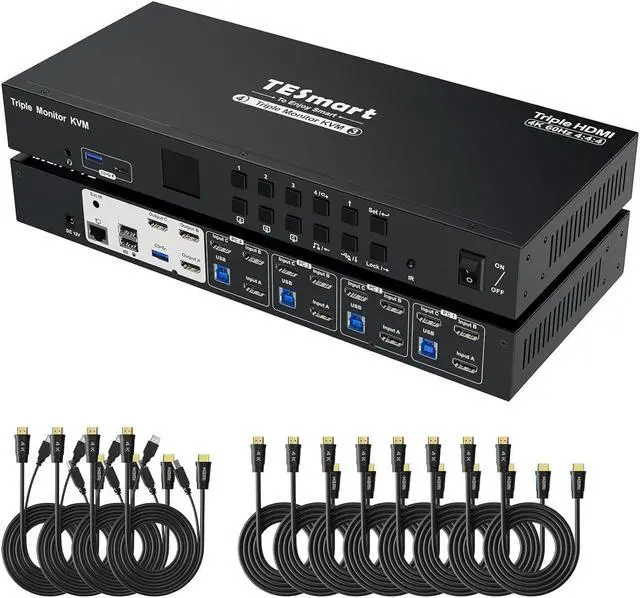 Main image of USB 3.0 HDMI KVM Switch 3 Monitors 4 Computers 4K@60Hz, Headset, Audio&Microphone, EDID emulators, Hotkey Switch, Wired Network, Rack-Ears, 4 Port Triple Monitor KVM Switch with All Cables