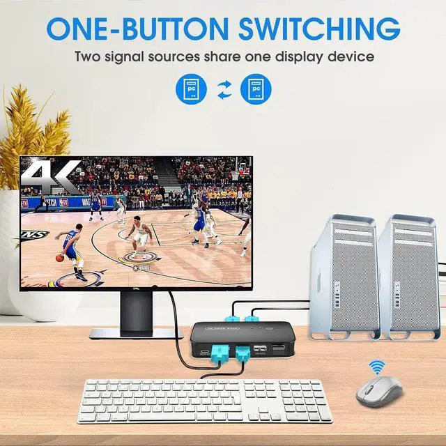 Alt view image 2 of 6 - 4K KVM Switch HDMI 2 Port Box, USB and HDMI Switch for 2 Computers Share Keyboard Mouse Printer and one HD Monitor, Support UHD 4K@30Hz, with Remote Controller and 2 KVM Cables