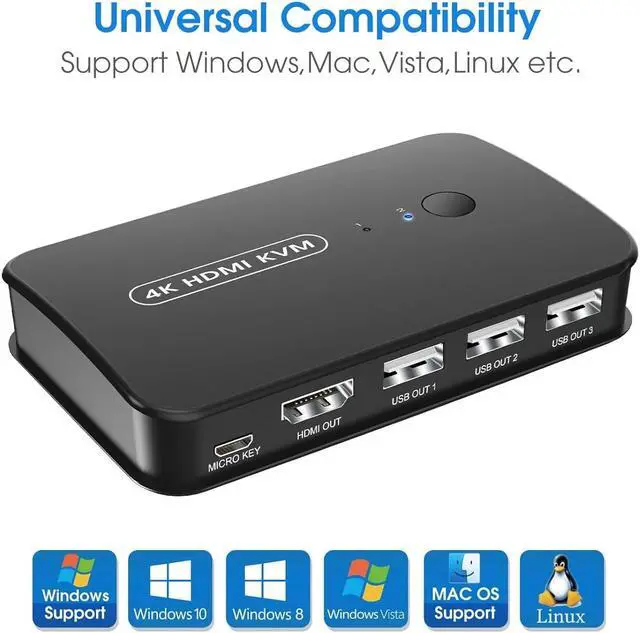 Alt view image 3 of 6 - 4K KVM Switch HDMI 2 Port Box, USB and HDMI Switch for 2 Computers Share Keyboard Mouse Printer and one HD Monitor, Support UHD 4K@30Hz, with Remote Controller and 2 KVM Cables