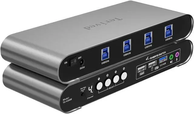 Main image of 4 Port USB Switch with Audio and Microphone, Hotkey Switching, Digital Display, Aluminum Shell, 4 Computers Sharing 3 USB Devices for PC Printer Speaker 3.0 Hub switches, with Cables