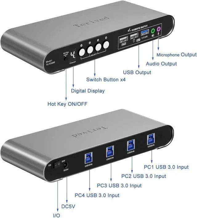 Alt view image 4 of 7 - 4 Port USB Switch with Audio and Microphone, Hotkey Switching, Digital Display, Aluminum Shell, 4 Computers Sharing 3 USB Devices for PC Printer Speaker 3.0 Hub switches, with Cables