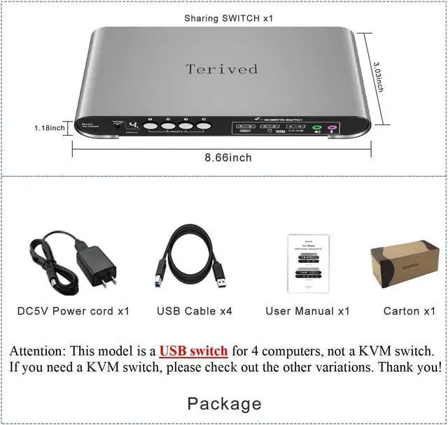 Alt view image 6 of 7 - 4 Port USB Switch with Audio and Microphone, Hotkey Switching, Digital Display, Aluminum Shell, 4 Computers Sharing 3 USB Devices for PC Printer Speaker 3.0 Hub switches, with Cables
