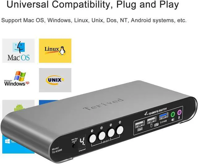 Alt view image 7 of 7 - 4 Port USB Switch with Audio and Microphone, Hotkey Switching, Digital Display, Aluminum Shell, 4 Computers Sharing 3 USB Devices for PC Printer Speaker 3.0 Hub switches, with Cables