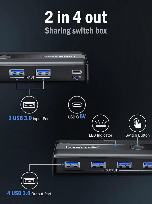 Alt view image 6 of 7 - USB 3.0 Switch Selector 2 Computers Sharing 4 USB Devices 4-Port USB Peripheral KVM Switcher Box for PC, Mouse, Keyboard, Printer, Scanner with 2 USB Cables, Compatible Windows/Mac/Linux