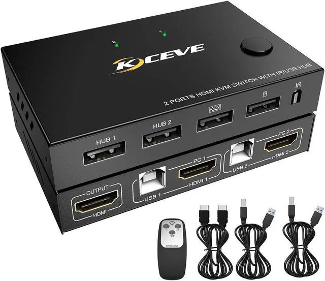 Main image of KVM Switch HDMI KVM Switch 2 Ports HDMI KVM Switch USB 2.0 Switcher Box 2 in 1 Out for 2 Computers Share Keyboard and Mouse Support 4K@30Hz, with Remote Control and 2 USB 2.0