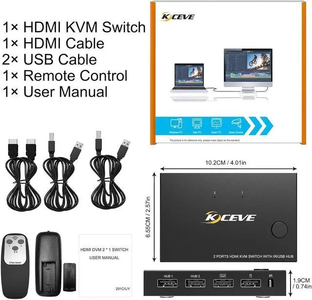Alt view image 7 of 7 - KVM Switch HDMI KVM Switch 2 Ports HDMI KVM Switch USB 2.0 Switcher Box 2 in 1 Out for 2 Computers Share Keyboard and Mouse Support 4K@30Hz, with Remote Control and 2 USB 2.0