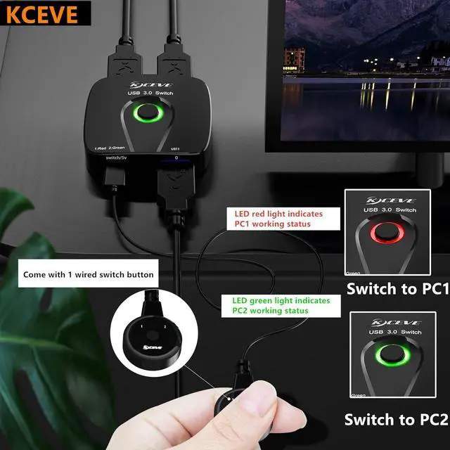 Alt view image 6 of 7 - USB 3.0 Switch Selector, NAWEN USB Sharing Switch 2 in 1 Out USB Switcher 2 Computers Share 1 USB Device for Keyboard, Mouse, Printer, with 2 USB Cables