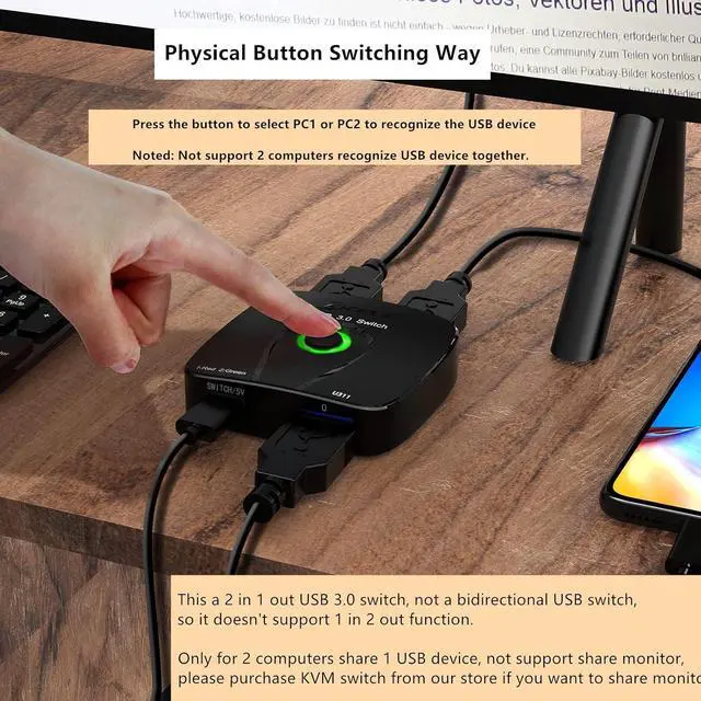 Alt view image 5 of 7 - USB 3.0 Switch Selector, NAWEN USB Sharing Switch 2 in 1 Out USB Switcher 2 Computers Share 1 USB Device for Keyboard, Mouse, Printer, with 2 USB Cables