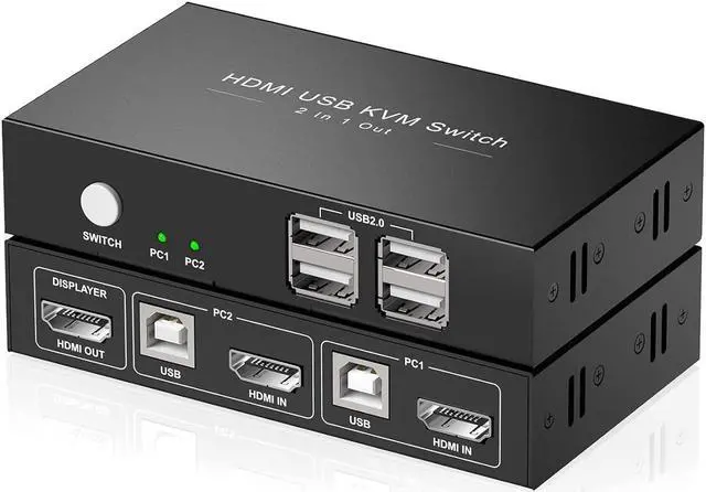 Main image of KVM Switch HDMI 2 Port Box,USB Switch selector with 4 USB 2.0 Hub Share 2 Computers, UHD 4K@30Hz, Support Wireless Keyboard and Mouse, Powered by USB,with 2 HDMI and 2 USB Cables