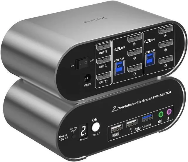 Main image of 2 Port DP USB 3.0 KVM Switch Triple Monitor Two Computers Three DisplayPort Monitors, 8K@30Hz 4K@144Hz, Aluminum hotkey Audio mic, Digital Display, HDR10 with Cables