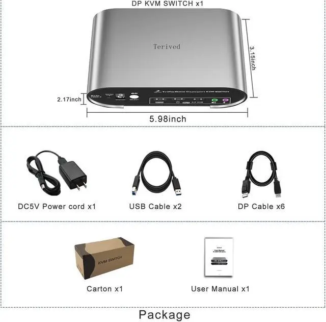 Alt view image 6 of 6 - 2 Port DP USB 3.0 KVM Switch Triple Monitor Two Computers Three DisplayPort Monitors, 8K@30Hz 4K@144Hz, Aluminum hotkey Audio mic, Digital Display, HDR10 with Cables