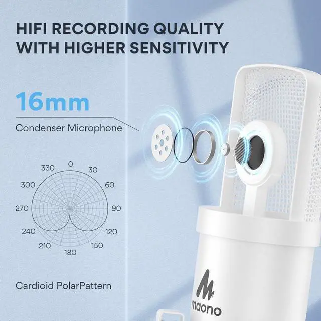 Alt view image 3 of 7 - USB Microphone, 192kHz/24bit Plug & Play PC Computer Podcast Condenser Cardioid Metal Mic Kit with Professional Sound Chipset for Recording, Gaming, Singing, YouTube, AU-A04 White
