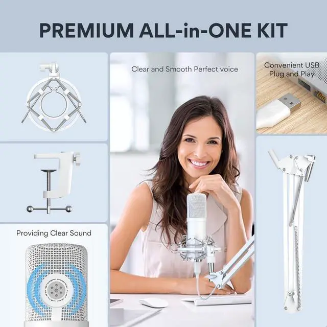 Alt view image 7 of 7 - USB Microphone, 192kHz/24bit Plug & Play PC Computer Podcast Condenser Cardioid Metal Mic Kit with Professional Sound Chipset for Recording, Gaming, Singing, YouTube, AU-A04 White