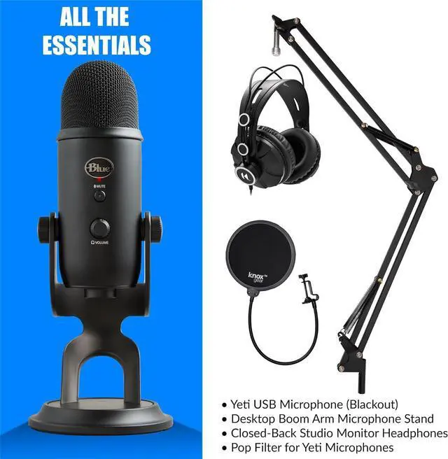 Alt view image 4 of 7 - Blue Microphones Yeti Blackout USB Microphone Bundle with Desktop Boom Arm Microphone Stand, Closed-Back Studio Monitor Headphones and Pop Filter (4 Items)