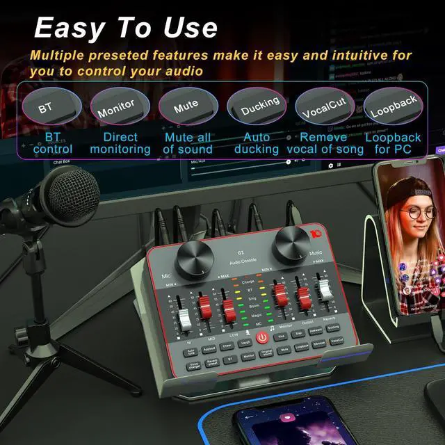 Alt view image 4 of 6 - Podcast Equipment Bundle for 2 Mic Tiktok Video Content Creator Kit, Audio Interface w DJ Mixer Sound Card/Board Condenser Microphone for Studio Smartphone/PC/Laptop Broadcast Recording/Live Streaming