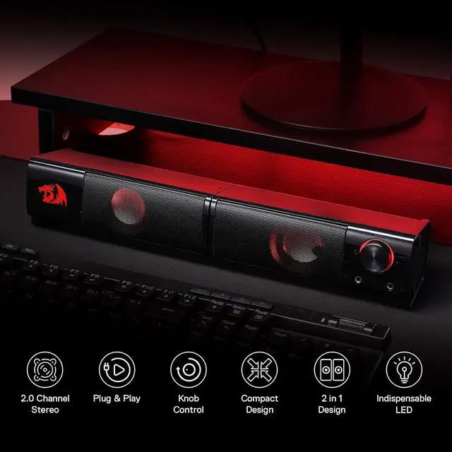 Alt view image 2 of 7 - GS550 PC Gaming Speakers, 2.0 Channel Desktop Computer Sound Bar with Compact Maneuverable Size, Headphone Jack, Quality Bass & Decent Red Backlit, USB Powered w/ 3.5mm Cable