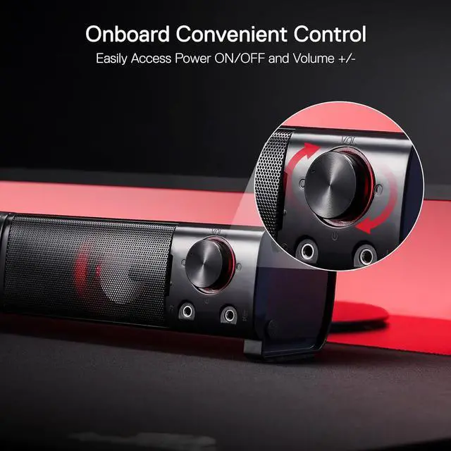 Alt view image 4 of 7 - GS550 PC Gaming Speakers, 2.0 Channel Desktop Computer Sound Bar with Compact Maneuverable Size, Headphone Jack, Quality Bass & Decent Red Backlit, USB Powered w/ 3.5mm Cable