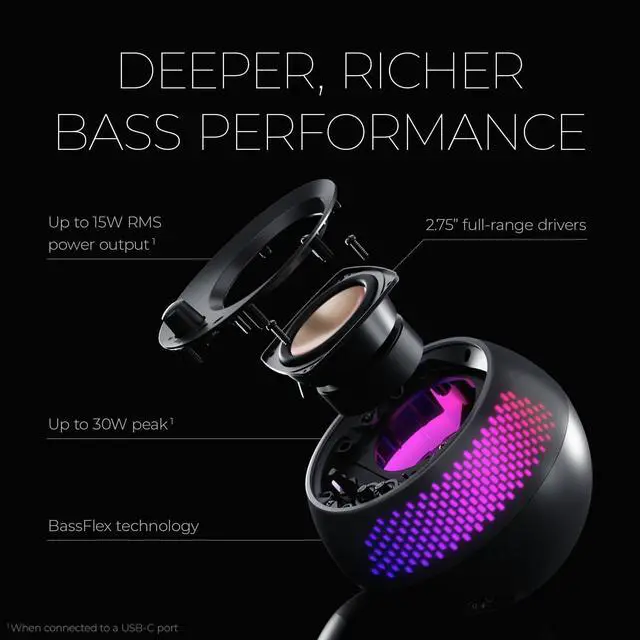 Alt view image 3 of 7 - Creative Pebble X Plus 2.1 USB-C Computer Speakers with Subwoofer and Customizable RGB Lighting, Bluetooth 5.3, USB Audio, Up to 15W RMS Power for PC and Mac