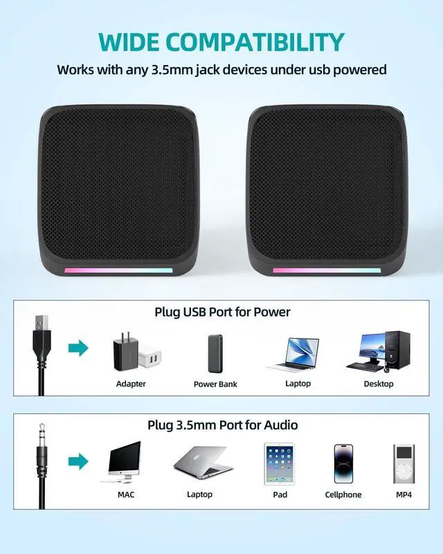 Alt view image 3 of 7 - Computer Speakers,Computer Speakers for Desktop PC,Desktop Speakers,Small Computer Speakers USB Powered 3.5mm Aux Speaker for PC,Laptop,Tablet,Phone