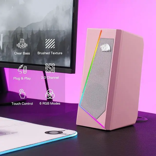 Alt view image 2 of 7 - GS520 RGB Desktop Speakers, 2.0 Channel PC Computer Stereo Speaker with 6 Colorful LED Modes, Enhanced Sound and Easy-Access Volume Control, USB Powered w/ 3.5mm Cable, Pink