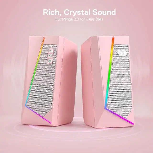 Alt view image 3 of 7 - GS520 RGB Desktop Speakers, 2.0 Channel PC Computer Stereo Speaker with 6 Colorful LED Modes, Enhanced Sound and Easy-Access Volume Control, USB Powered w/ 3.5mm Cable, Pink