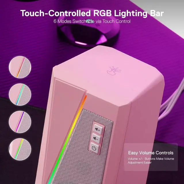 Alt view image 4 of 7 - GS520 RGB Desktop Speakers, 2.0 Channel PC Computer Stereo Speaker with 6 Colorful LED Modes, Enhanced Sound and Easy-Access Volume Control, USB Powered w/ 3.5mm Cable, Pink