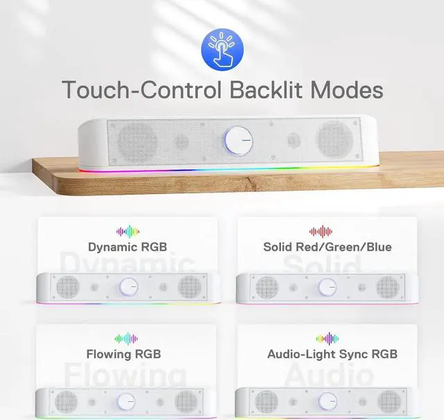 Alt view image 4 of 7 - GS560 RGB Desktop Soundbar, 2.0 Channel Computer Speaker with Dynamic Lighting Bar Audio-Light Sync/Display, Touch-Control Backlit with Volume Knob, USB Powered w/ 3.5mm Cable, White