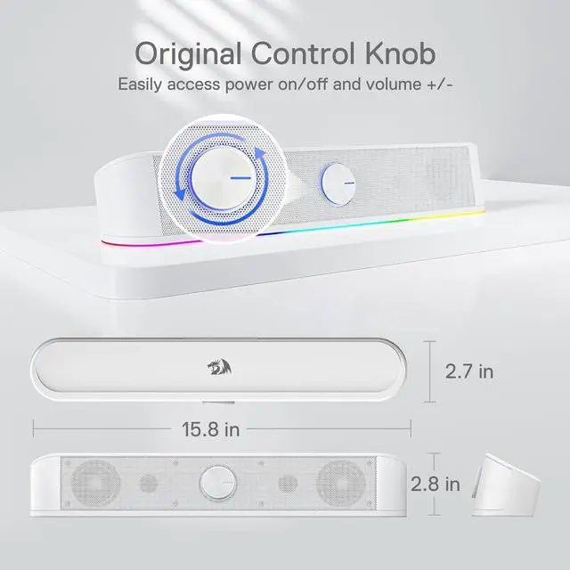 Alt view image 6 of 7 - GS560 RGB Desktop Soundbar, 2.0 Channel Computer Speaker with Dynamic Lighting Bar Audio-Light Sync/Display, Touch-Control Backlit with Volume Knob, USB Powered w/ 3.5mm Cable, White