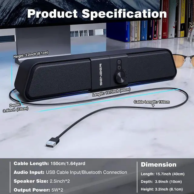Alt view image 7 of 7 - CS20 Computer Speakers - Pc Speakers with Stereo Sound, Flowing LED & Volume Knob - Gaming SoundBar for Laptop Desktop Monitor(USB-Powered & Bluetooth)