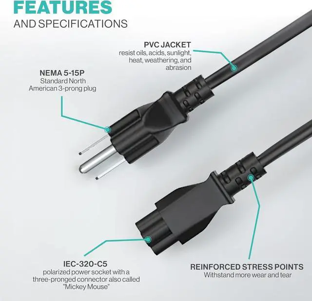 Alt view image 4 of 5 - 3 Prong AC Laptop Power Cord 5Ft Universal Power Cable | 125V | for  HP LG    Toshiba Sony Laptops/Notebooks Monitors Printers Scanners NEMA 5-15P to C5 Power Cable