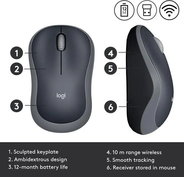 Alt view image 4 of 7 - Logi tech M185 Wireless Mouse, 2.4GHz with USB Mini Receiver, 12-Month Battery Life, 1000 DPI Optical Tracking, Ambidextrous PC/Mac/Laptop - Swift Gray