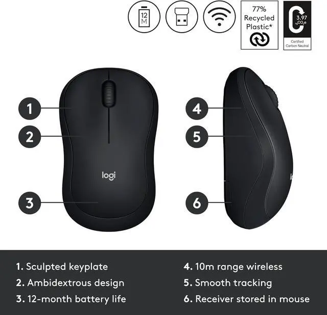 Alt view image 4 of 7 - Logi tech M185 Wireless Mouse, 2.4GHz with USB Mini Receiver, 12-Month Battery Life, 1000 DPI Optical Tracking, Ambidextrous, Compatible with PC, Mac, Laptop - Black