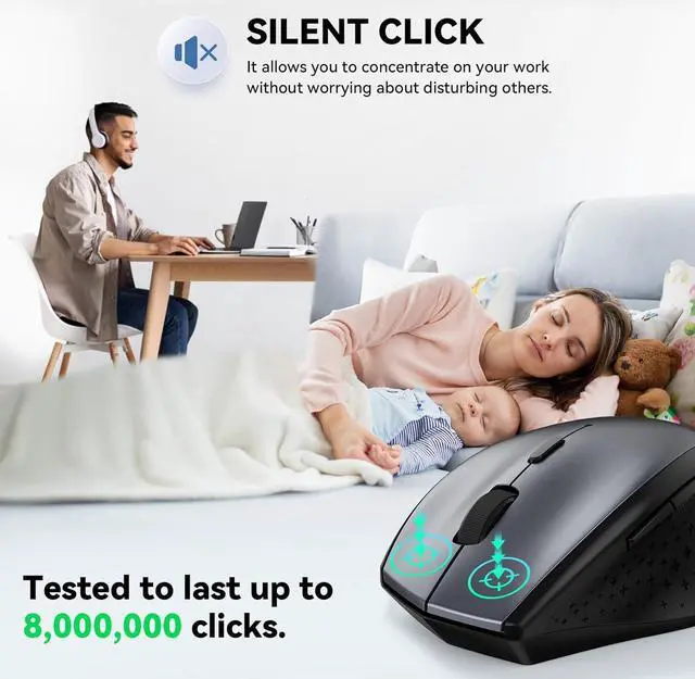 Alt view image 3 of 6 - Wireless Mouse 2.4G USB Computer Mouse with 6-Level Adjustable 4800 DPI Silent Quiet Click30 Months Battery Ergonomic Grips 6 Buttons Portable for PC Chromebook Mac - Grey