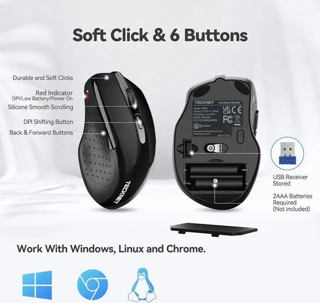 Alt view image 7 of 7 - TECKNET Wireless Mouse, 2.4G Ergonomic Optical Mouse, Computer Mouse for USB-A Laptop, PC, Computer, Chromebook, Notebook, 6 Buttons, 24 Months Battery Life - Black
