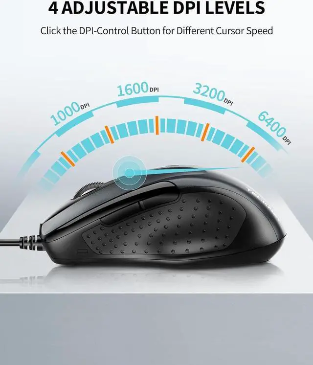 Alt view image 2 of 7 - TECKNET USB Wired Mouse, 6-Button Corded Mouse with 4 Adjustable DPI, Optical Computer Mouse with Ergonomic Design and 5FT Cord for Laptop, Chromebook, PC, Desktop, Mac, Notebook-Gray