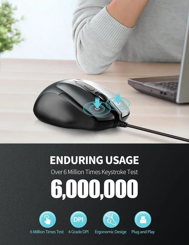 Alt view image 5 of 7 - TECKNET USB Wired Mouse, 6-Button Corded Mouse with 4 Adjustable DPI, Optical Computer Mouse with Ergonomic Design and 5FT Cord for Laptop, Chromebook, PC, Desktop, Mac, Notebook-Gray