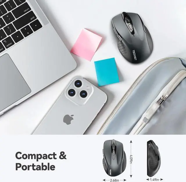 Alt view image 2 of 6 - TECKNET Wireless Mouse, 2.4GHz Ergonomic Computer Mouse, Portable Cordless Mice, Mouse for Laptop, 6 Buttons USB Mouse for Chromebook, Ergo Grip, 24 Months Battery - Grey