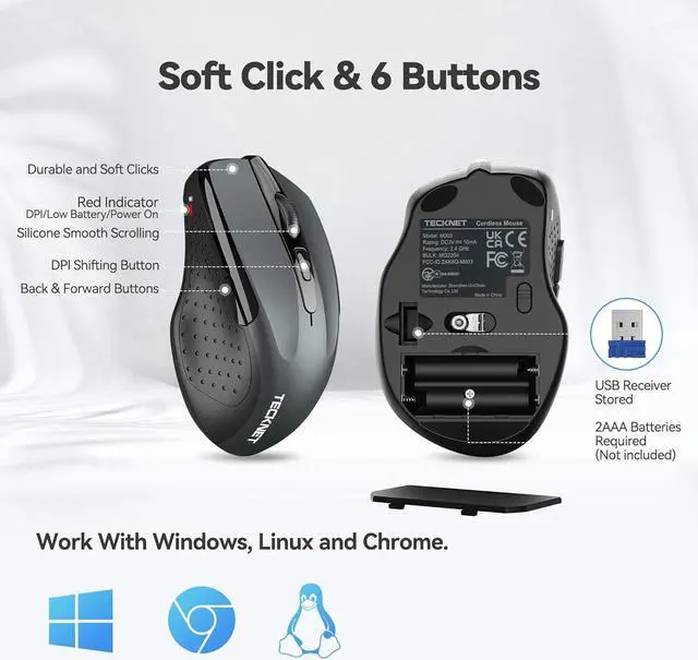 Alt view image 5 of 6 - TECKNET Wireless Mouse, 2.4GHz Ergonomic Computer Mouse, Portable Cordless Mice, Mouse for Laptop, 6 Buttons USB Mouse for Chromebook, Ergo Grip, 24 Months Battery - Grey